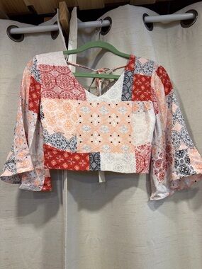Boho Patchwork Bell-Sleeve Crop Top